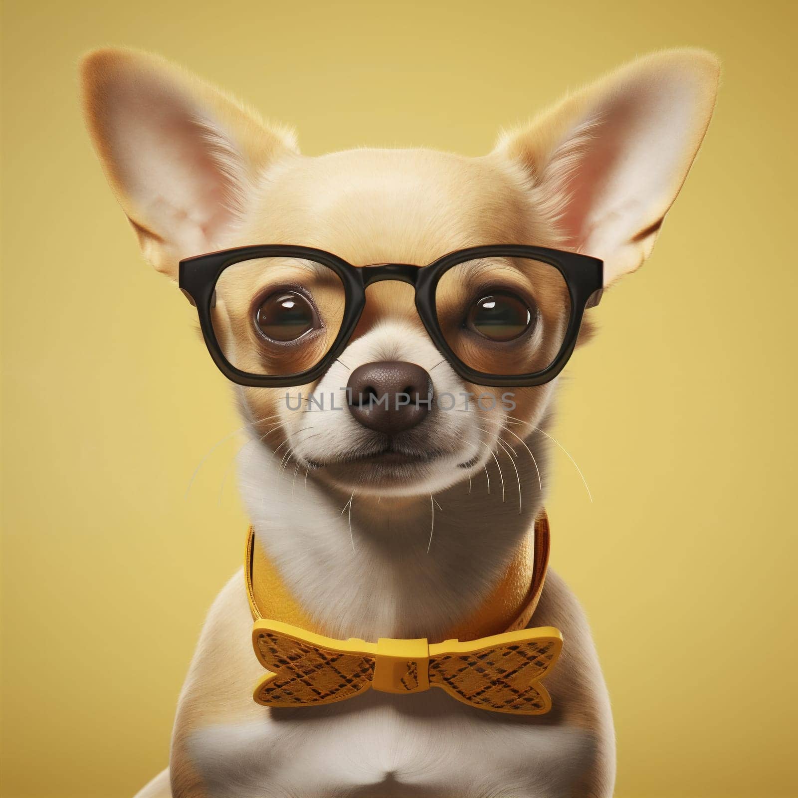 dog portrait yellow pet animal background smart puppy chihuahua cute glasses. Generative AI. by SHOTPRIME