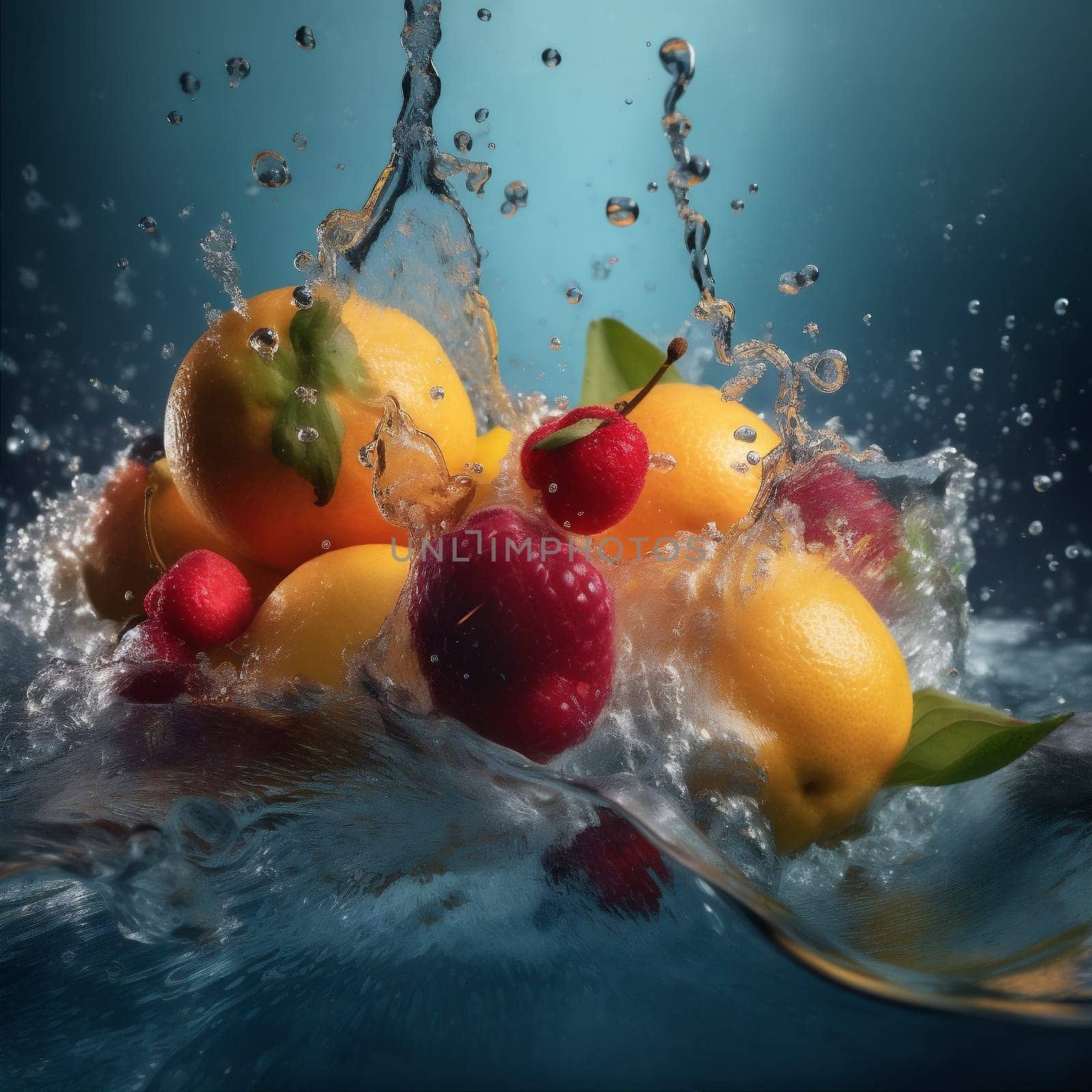 strawberry space vitamin drop food background copy healthy water green fresh fruit. Generative AI. by SHOTPRIME