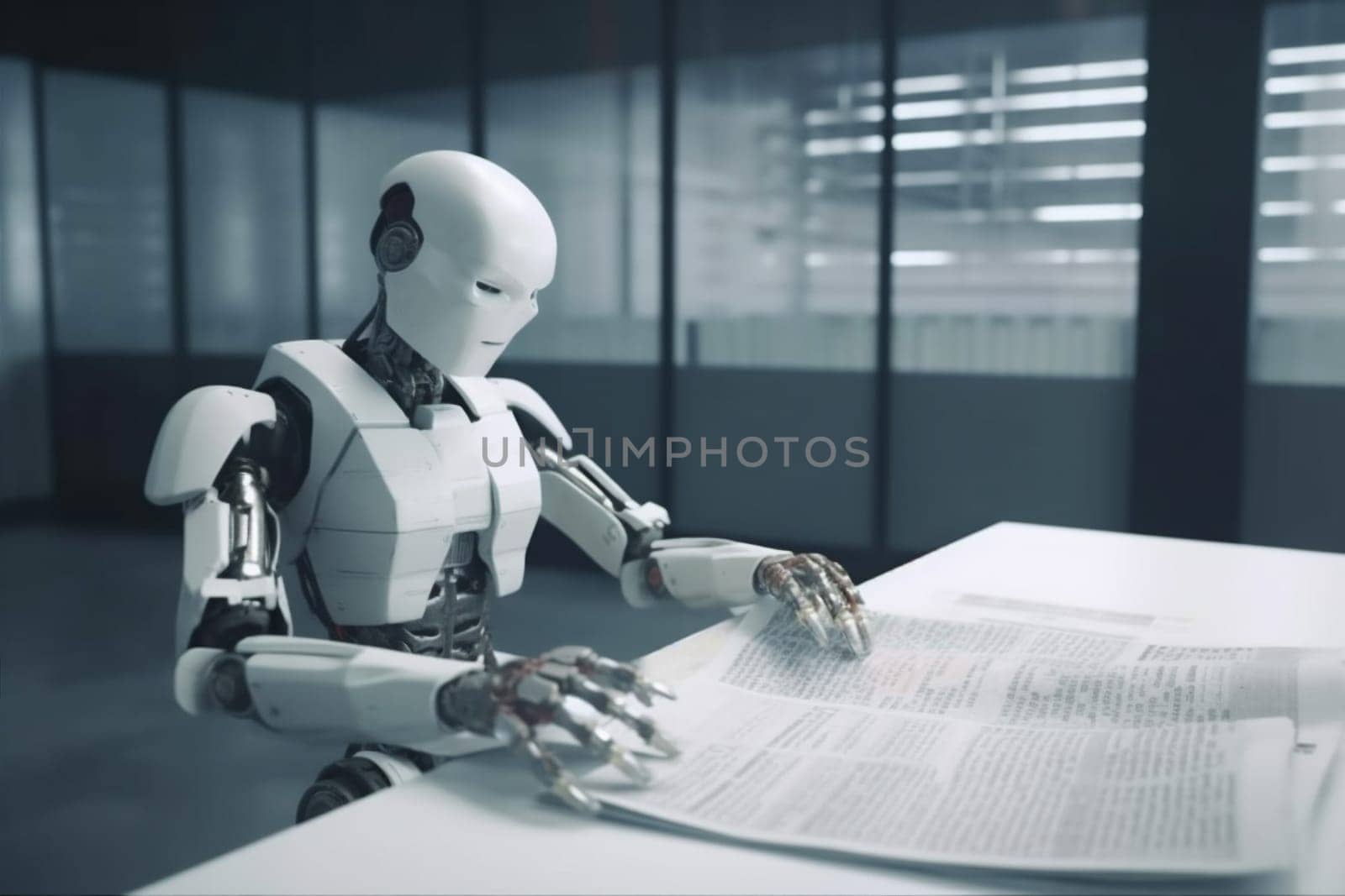 write paperwork cyber robot future automatic computer artificial technology document finance signing laptop ai job paper pen office digital hand. Generative AI.