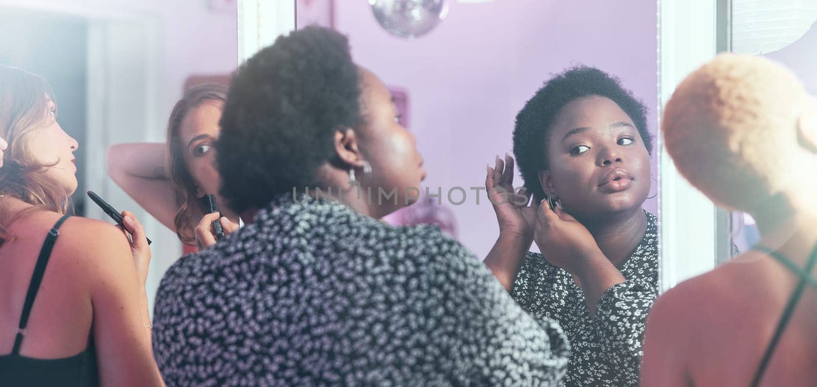Black woman, night out and girls in bathroom, ready for party and evening out for dancing, bonding and fun. Ladies, females and friends fixing hair, makeup and outfit for club, beauty and happiness.