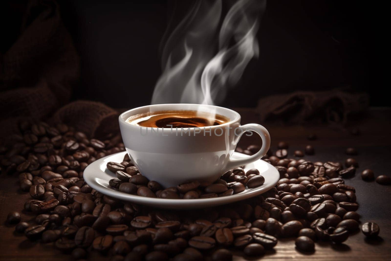 drink smoke table bean cafe caffeine mug breakfast brown cup espresso retro foam dark wooden white morning closeup aroma rustic. Generative AI.