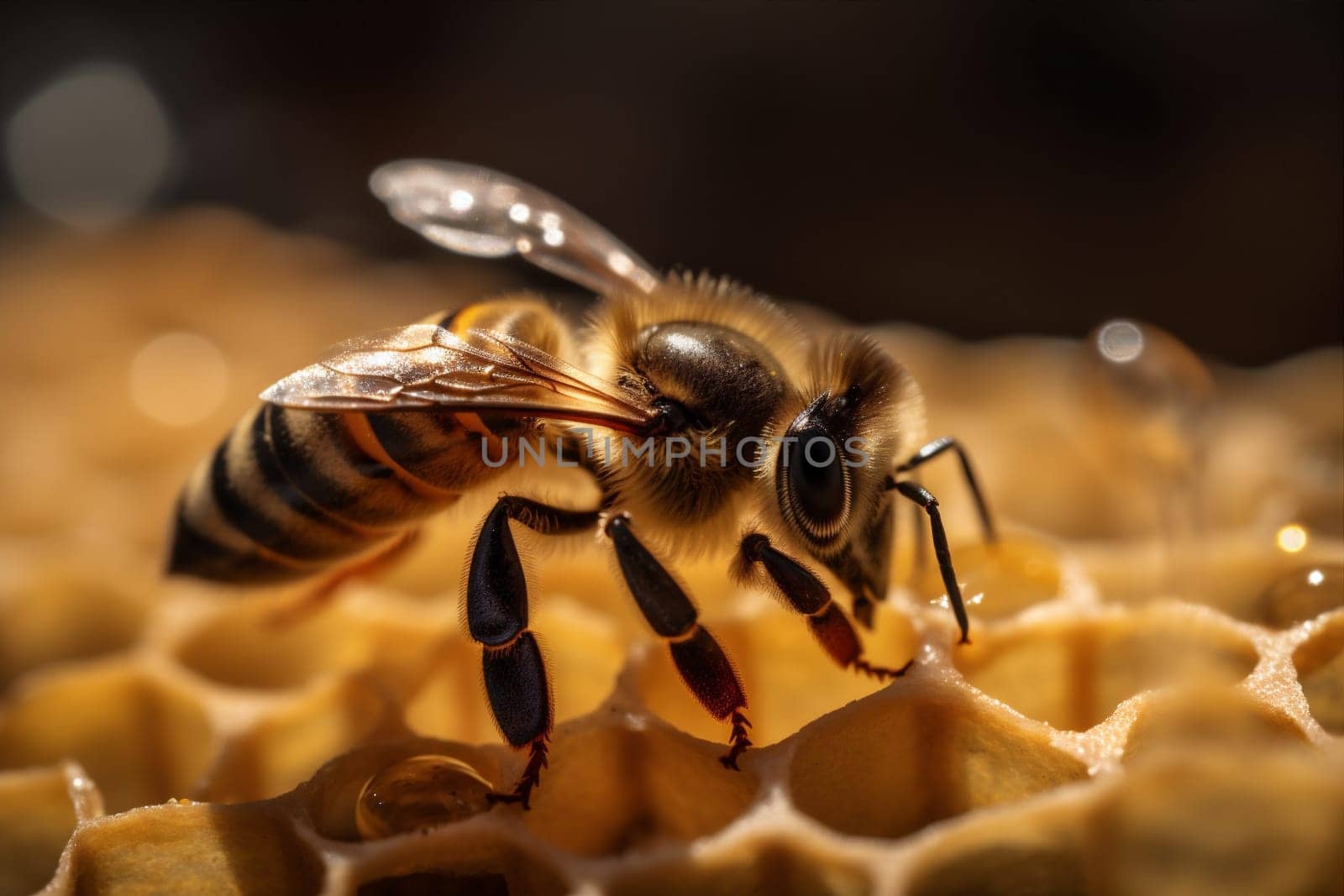 bee closeup honey yellow macro insect pollen background generative gold nature. Generative AI. by SHOTPRIME