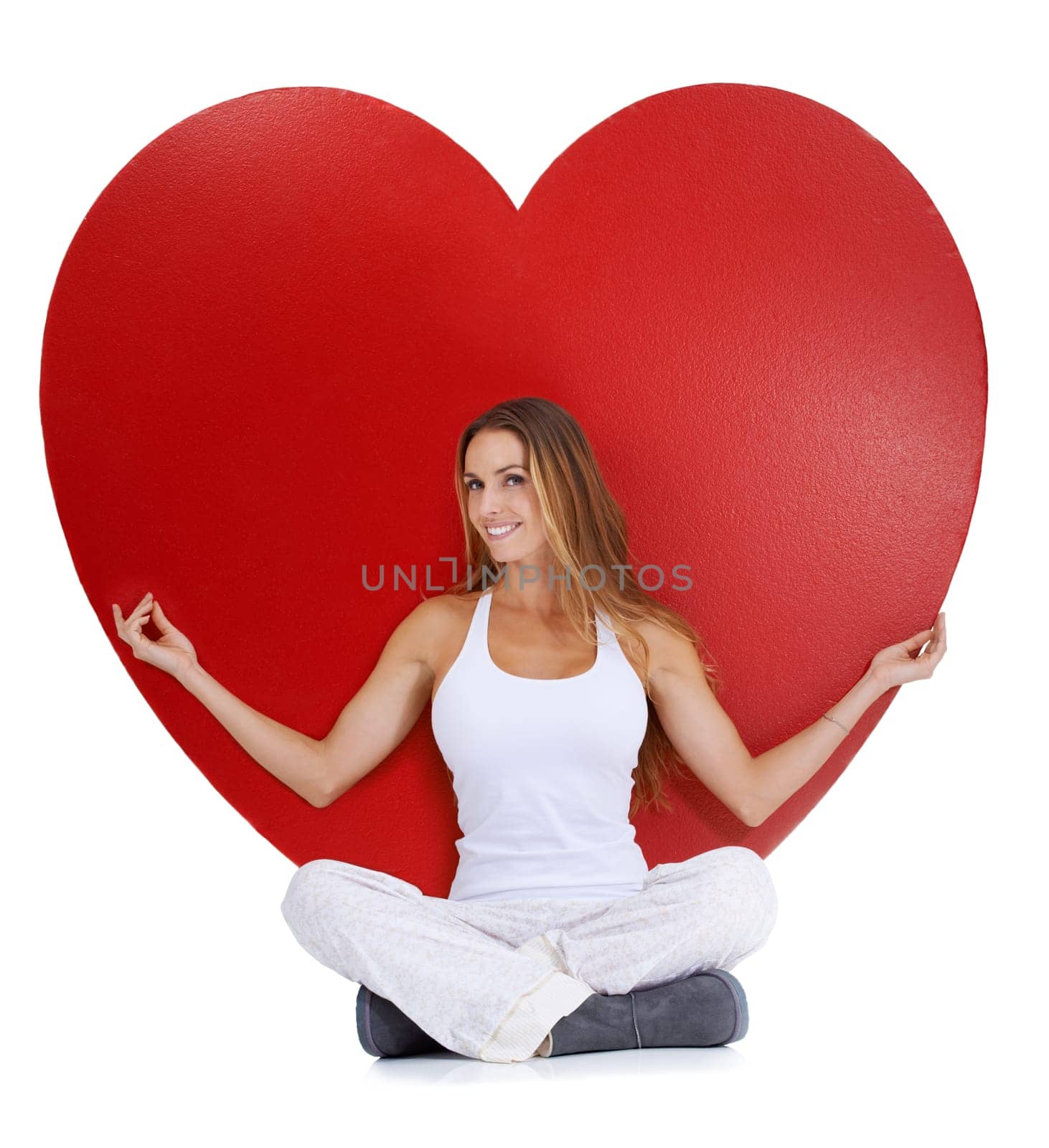 Heart, love and woman portrait sitting with a smile, happiness and isolated white background. Hearts cartoon, calm and model happy about romance vision, valentines day and beauty with mock up by YuriArcurs