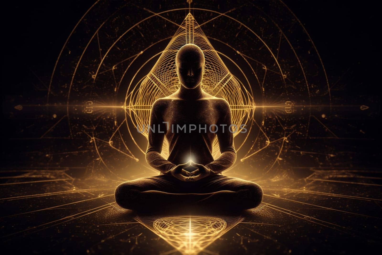 peace zen aura silhouette meditation yoga chakra pose energy spiritual. Generative AI. by SHOTPRIME