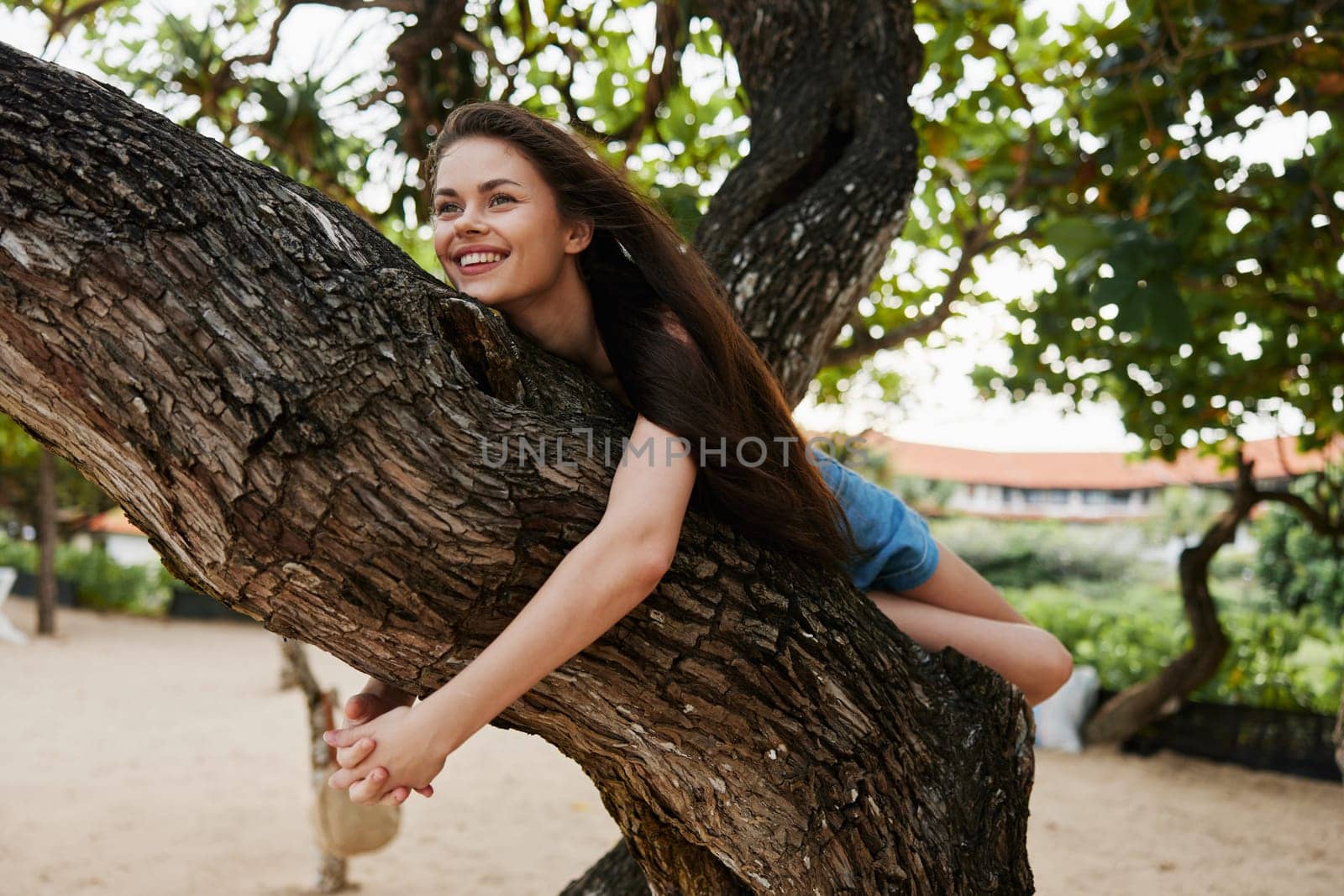 woman sitting sky lifestyle horizon bikini tree sand hanging paradise smiling relax long nature hair girl summer vacation outdoors relaxation looking sea