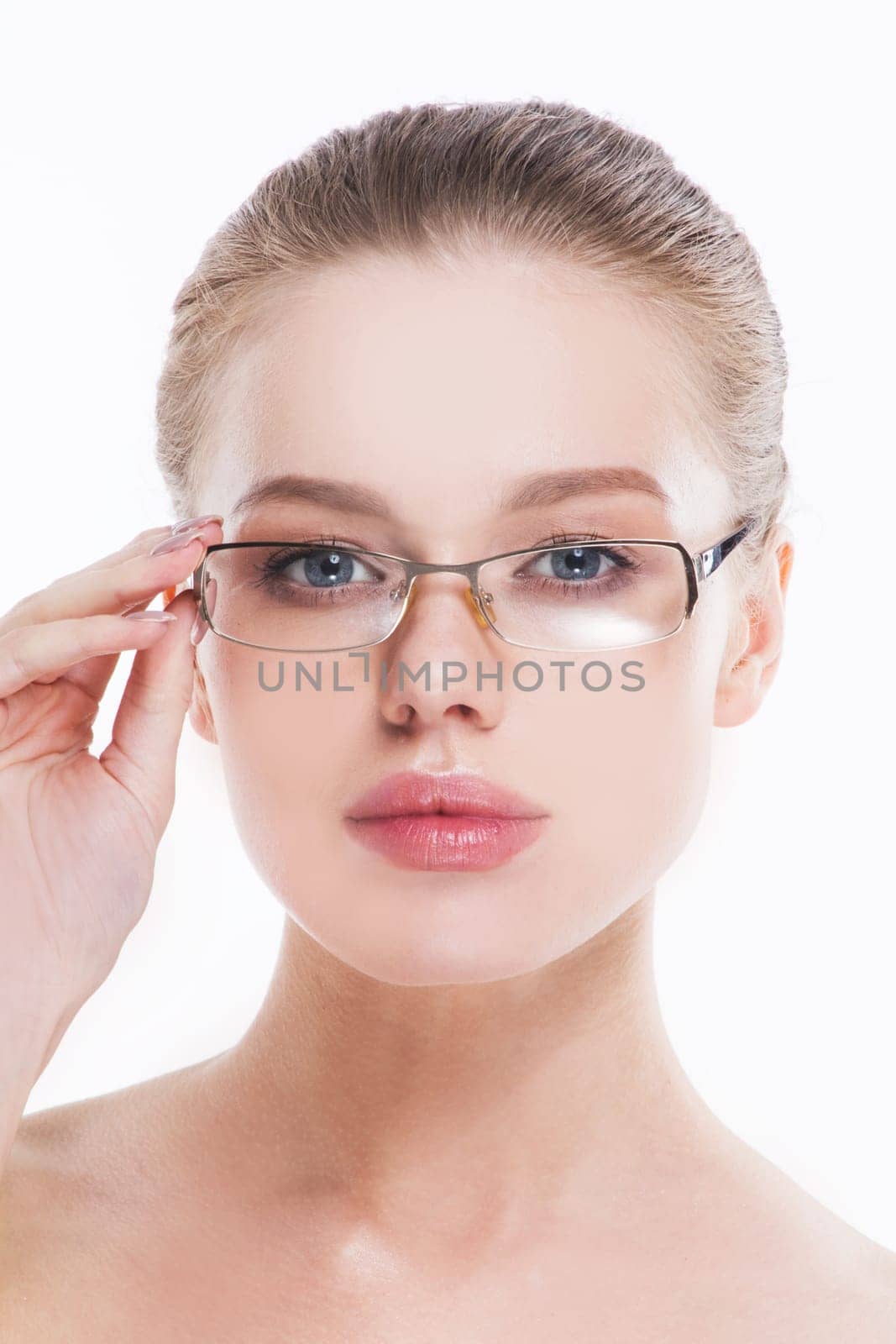 Portrait of young perfect woman in glasses isolated on white background