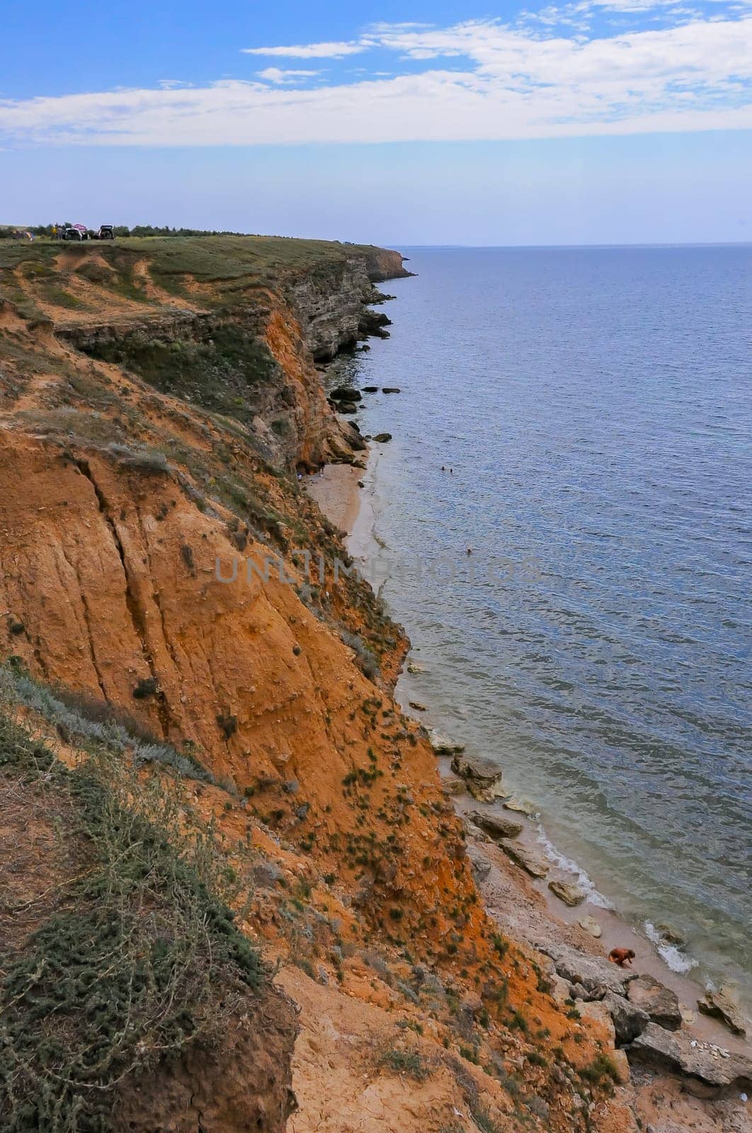 Steep rocky clay shore overgrown with steppe vegetation in eastern Crimea