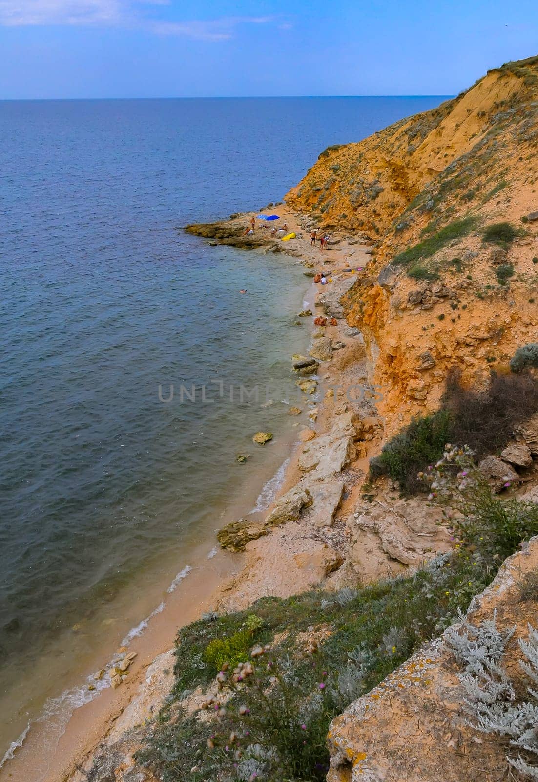 Steep rocky clay shore overgrown with steppe vegetation in eastern Crimea
