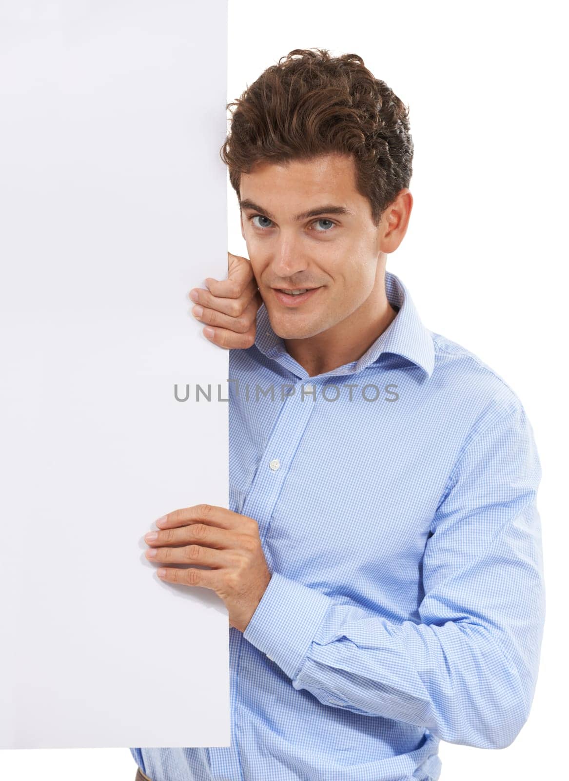 Portrait, business man and mockup board in studio, isolated white background and promotion announcement. Worker, model and advertising blank poster, sign and space for news, branding and information.