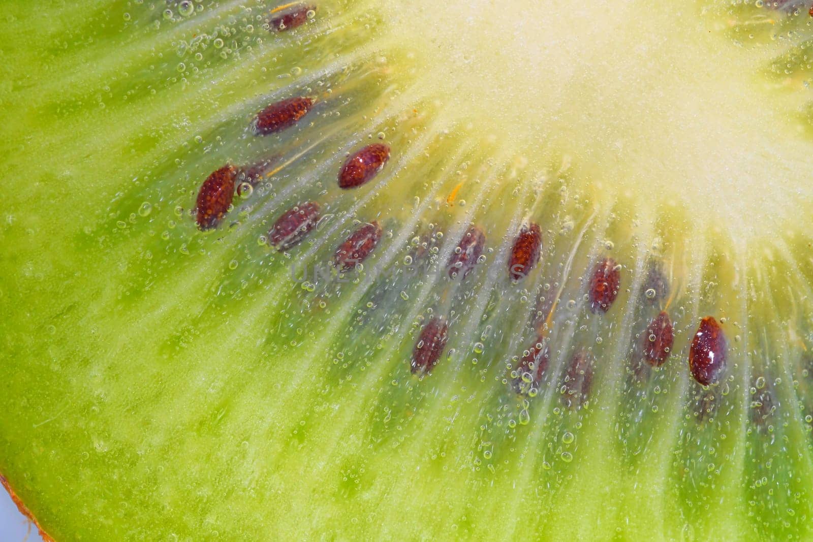 Close-up of a kiwi fruit slice in liquid with bubbles. Slice of ripe kiwi fruit in water. Close-up of fresh kiwi slice covered by bubbles. Macro horizontal image