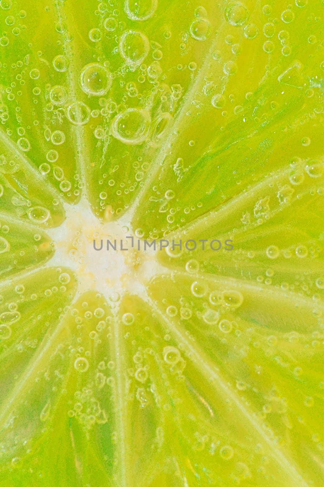 Close-up of a lime slice in liquid with bubbles. Slice of ripe lime in water. Close-up of fresh lime slice covered by bubbles. Macro vertical image. by roman_nerud