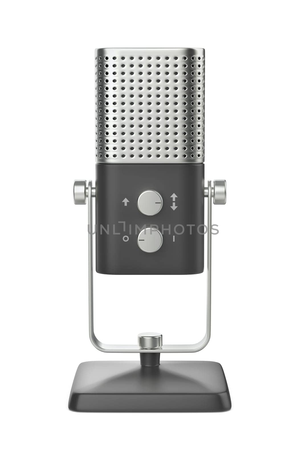 Front view of modern studio microphone on white background