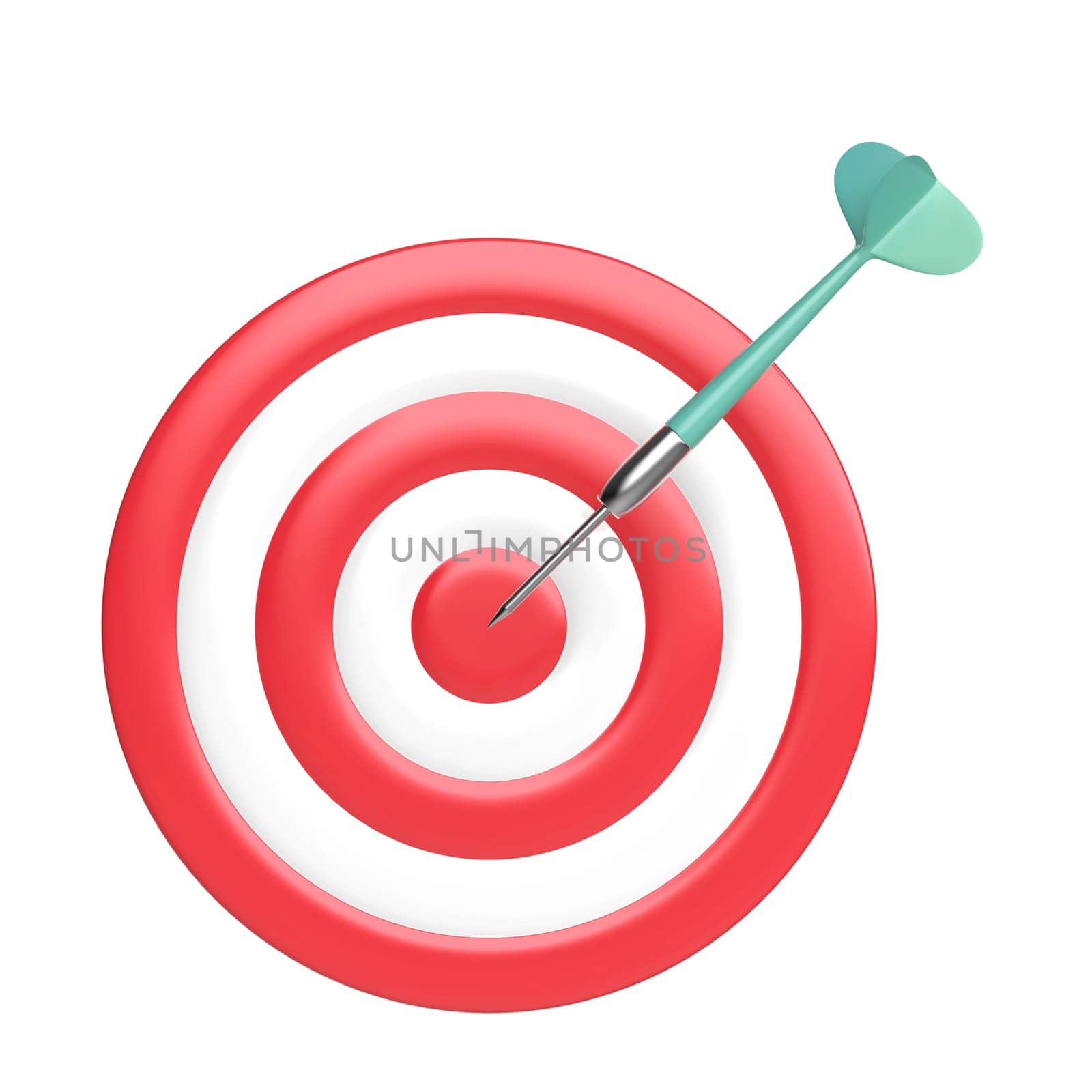 Red and white dart board with dart on white background