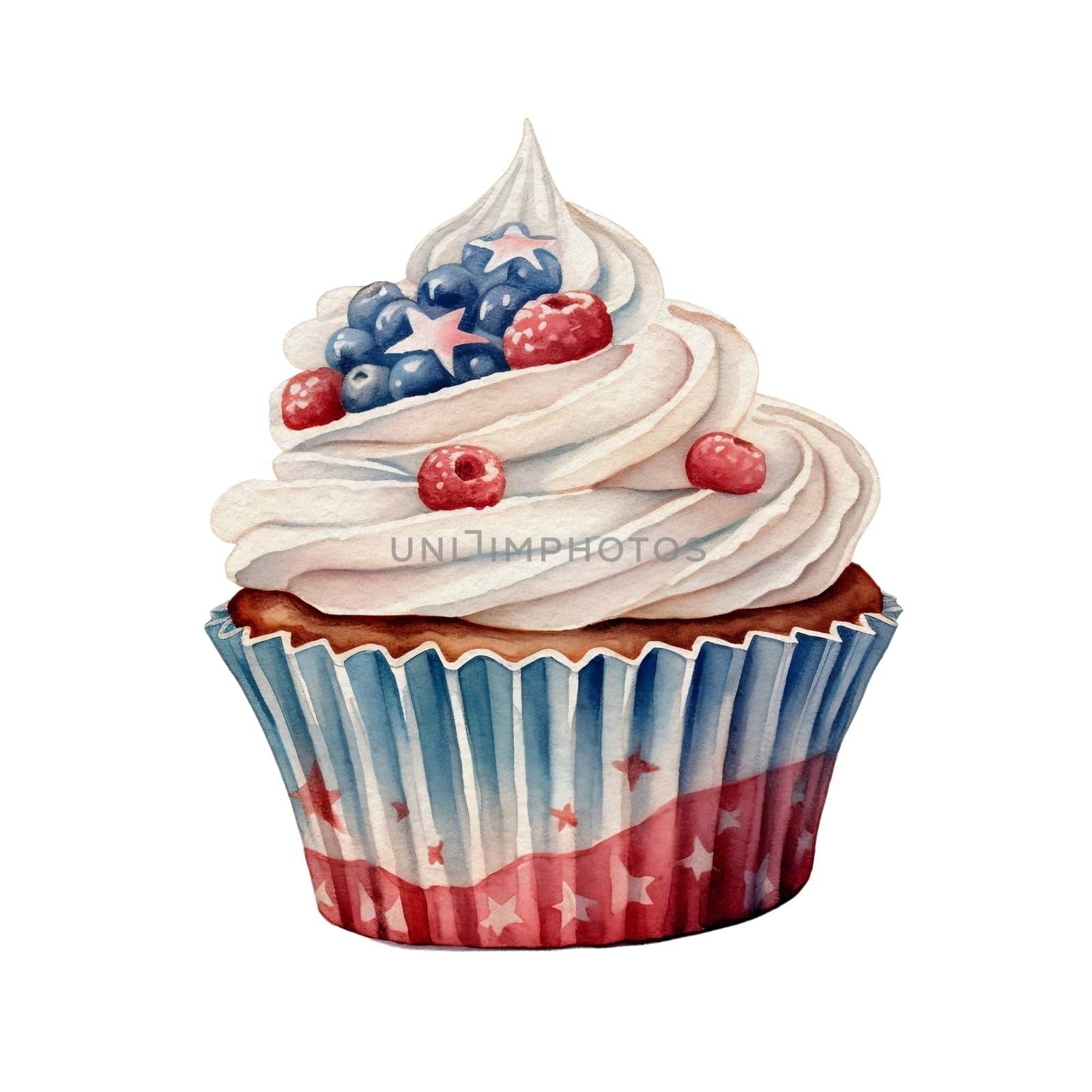 Cozy farmhouse Party Berries Cupcake Illustration Clipart. Isolated fourth of July element on white background for Independence Day sublimation design.