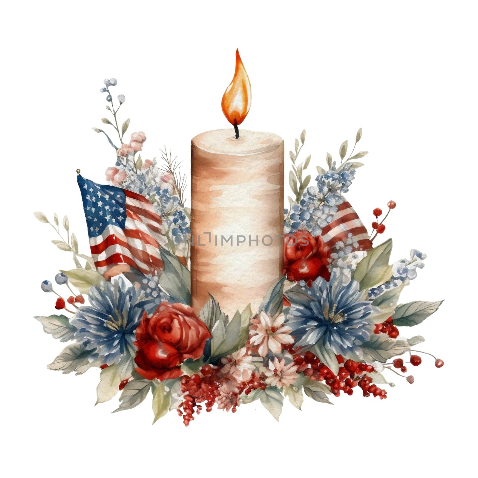 Watercolor 4th of July Independence Day Candles Flowers Cosy Decoration Illustration Clipart by Skyecreativestudio