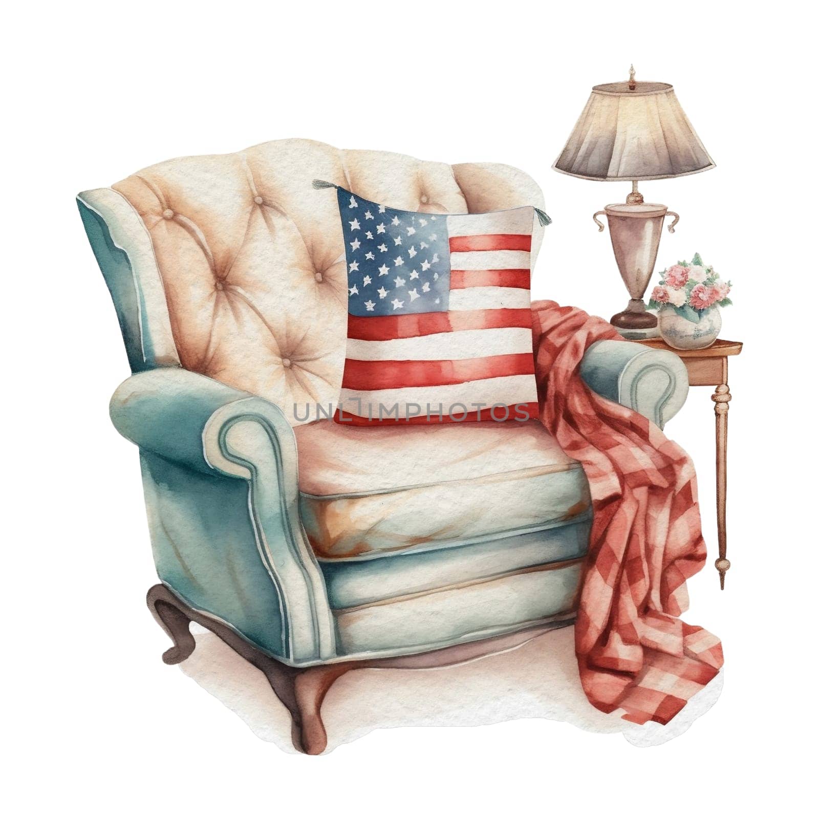 Cozy farmhouse decoration comfy lazy sofa with red buffalo plaid blanket and USA pillow Illustration Clipart. Isolated fourth of July element on white background for Independence Day sublimation design.