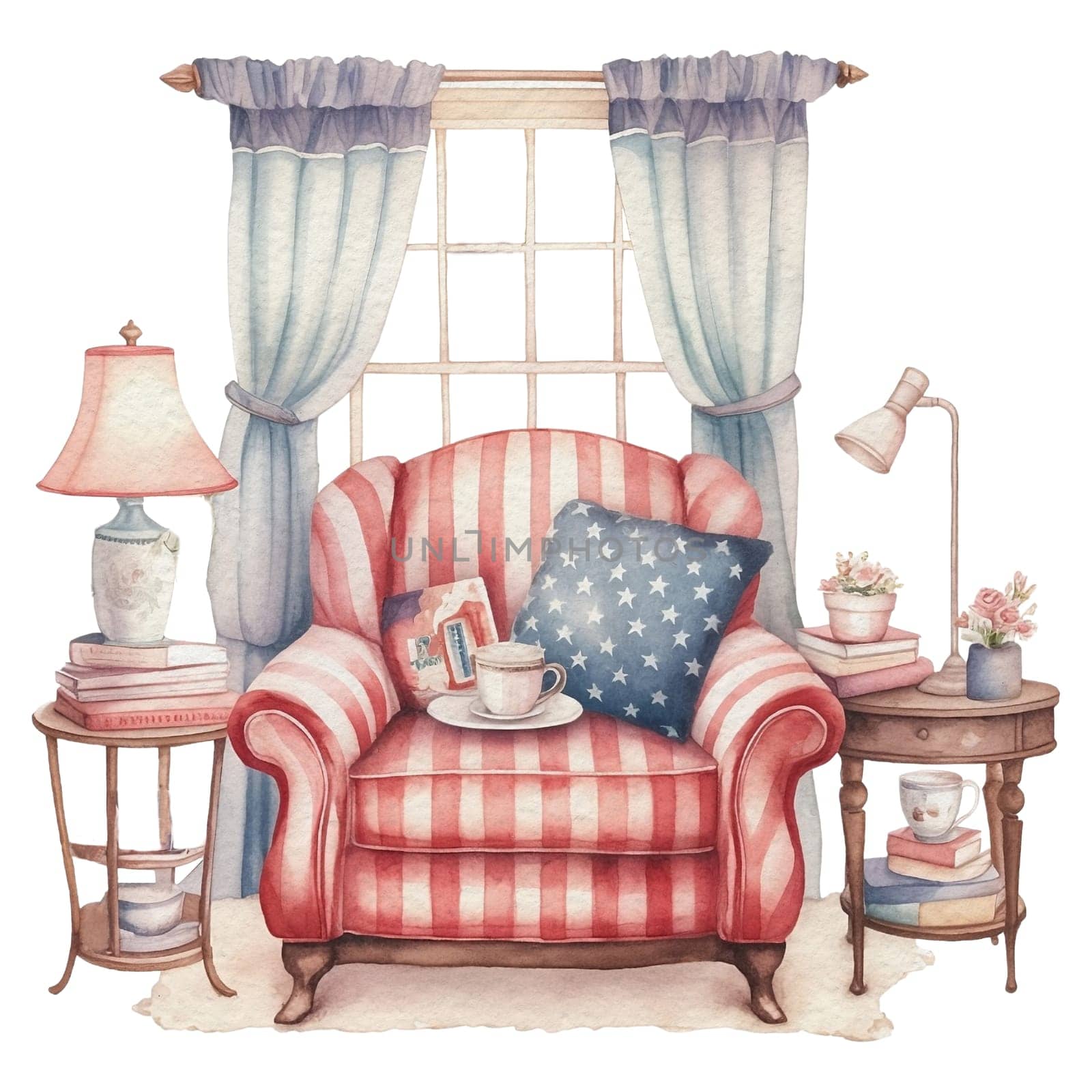 Watercolor 4th of July Independence Day Cozy Home Decoration with Sofa and Window Corner Illustration Clipart by Skyecreativestudio