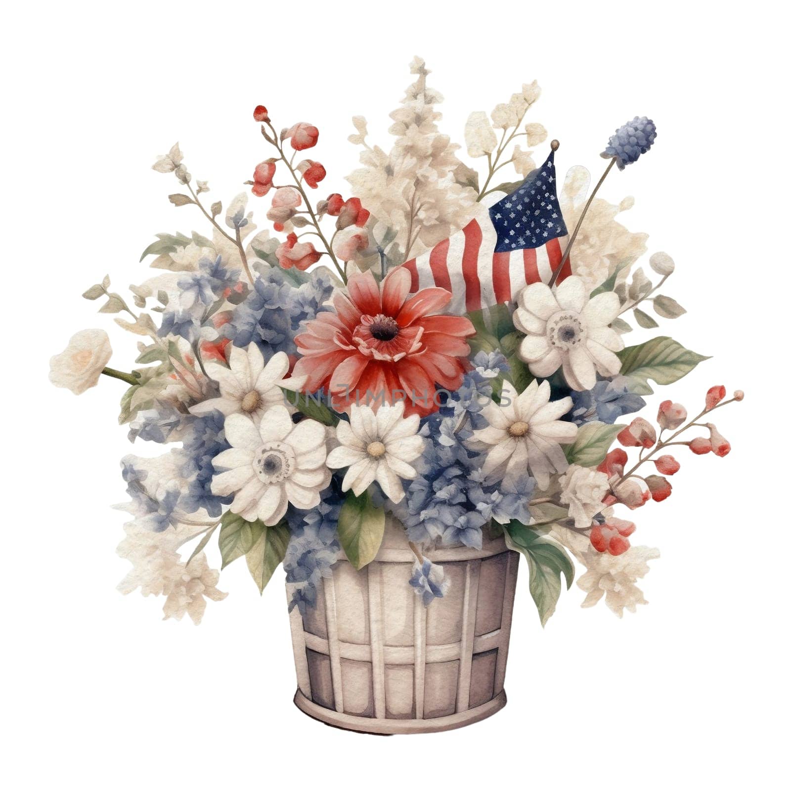 Watercolor 4th of July Independence Day Cozy Home Decoration Flowers pot Illustration Clipart by Skyecreativestudio