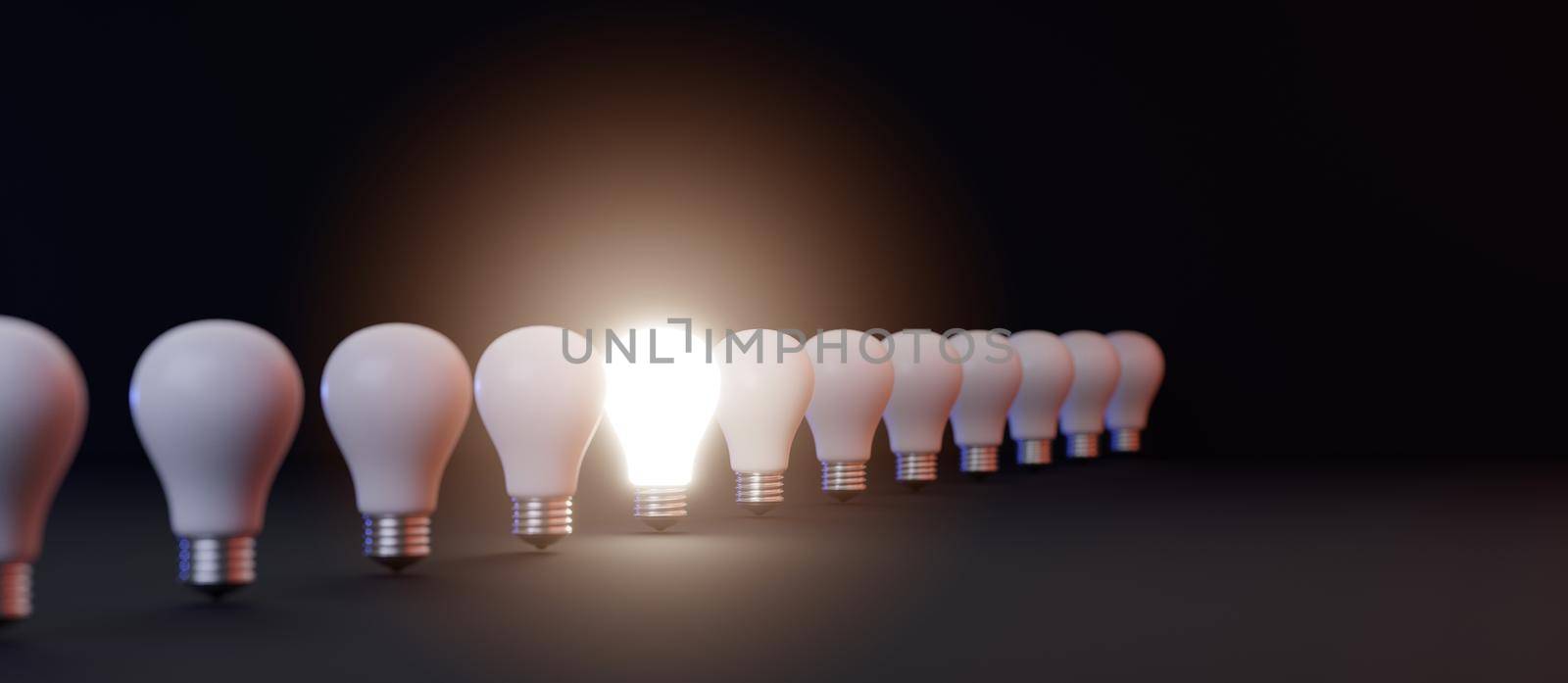 Glowing light bulb on bright between others on dark background, Leadership, great idea, electric power energy, Minimal lightbulb among a lot of turns off light bulbs, 3D rendering illustration