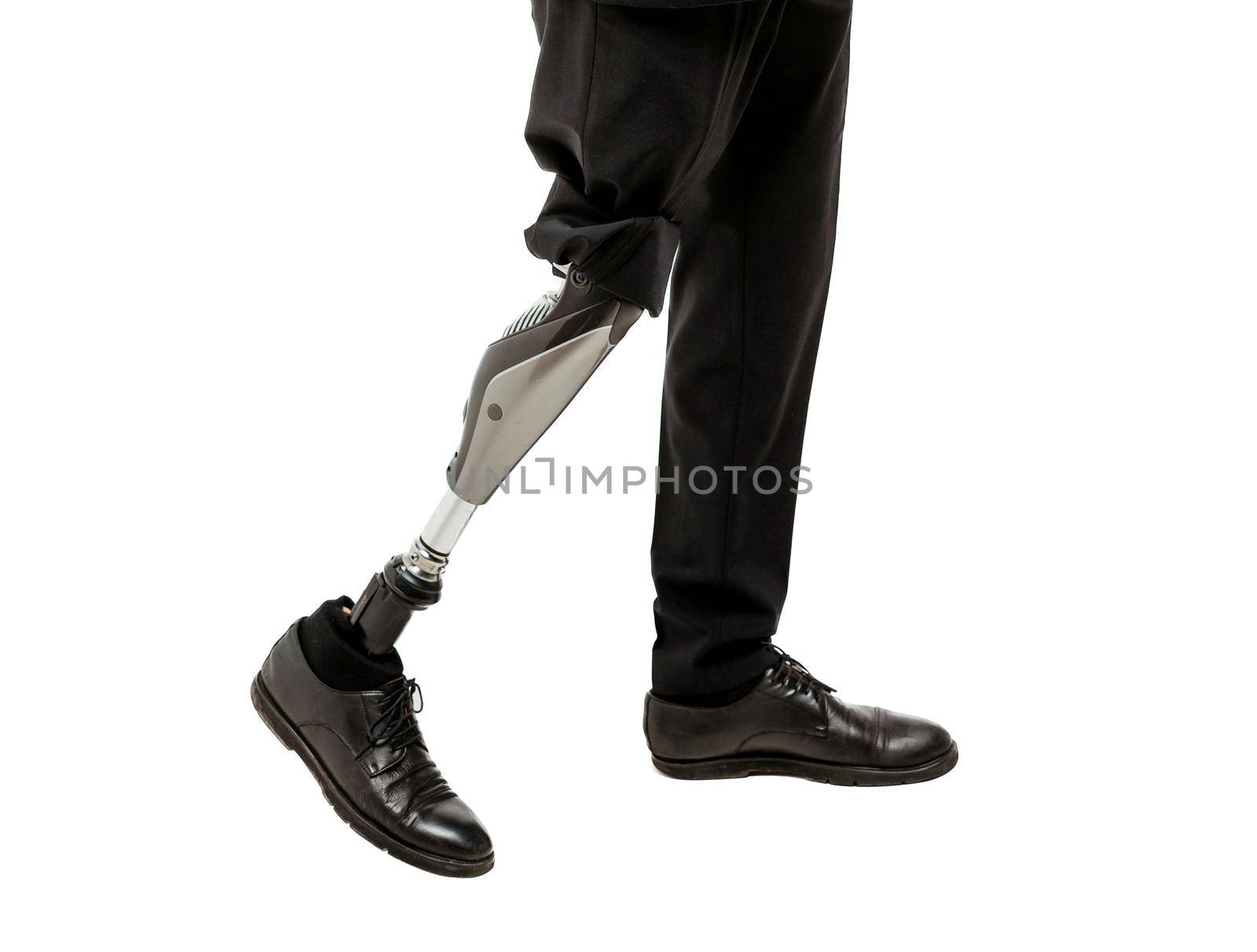 Cropped view of Disabled man with prosthetic leg, isolated on white background by Mariakray