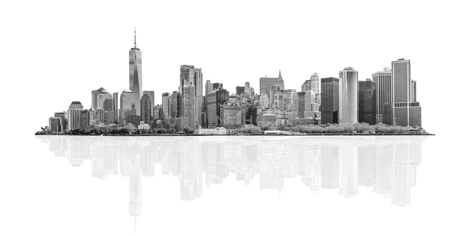 Black and white skyline panorama of downtown Financial District and the Lower Manhattan in New York City, USA. isolated on background with reflection by Mariakray