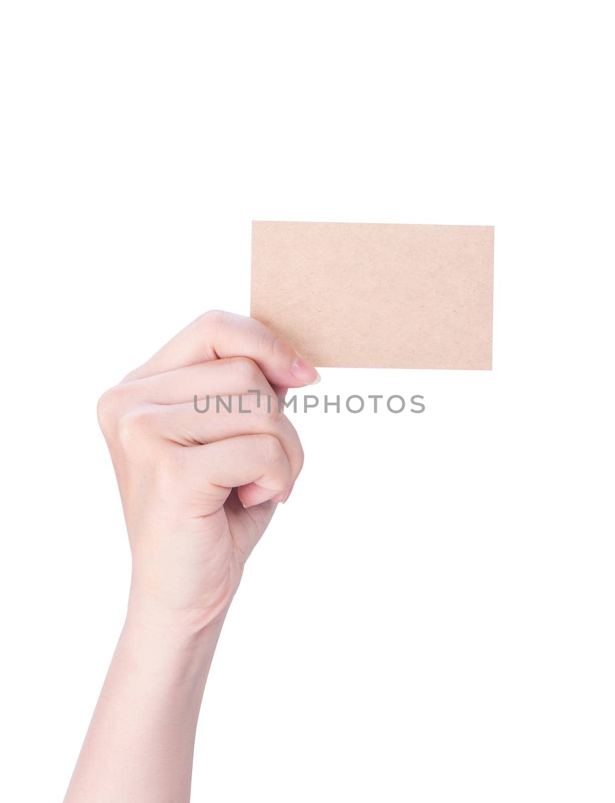 Young asia clean girl hand holding a blank kraft brown paper card template isolated on white background, clipping path, close up, mock up, cut out