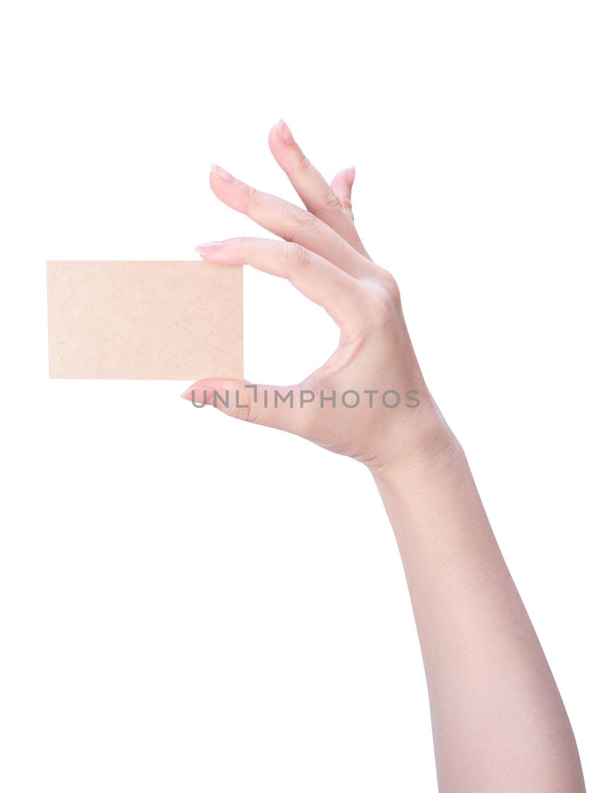 Young asia clean girl hand holding a blank kraft brown paper card template isolated on white background, clipping path, close up, mock up, cut out