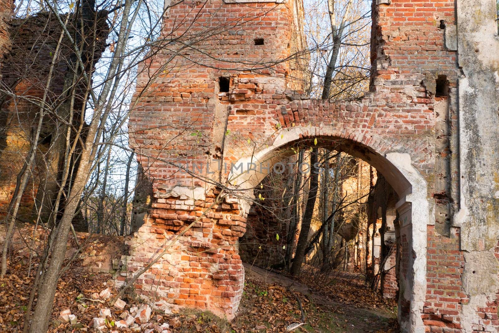 A fragment of an ancient ruined red brick wall.