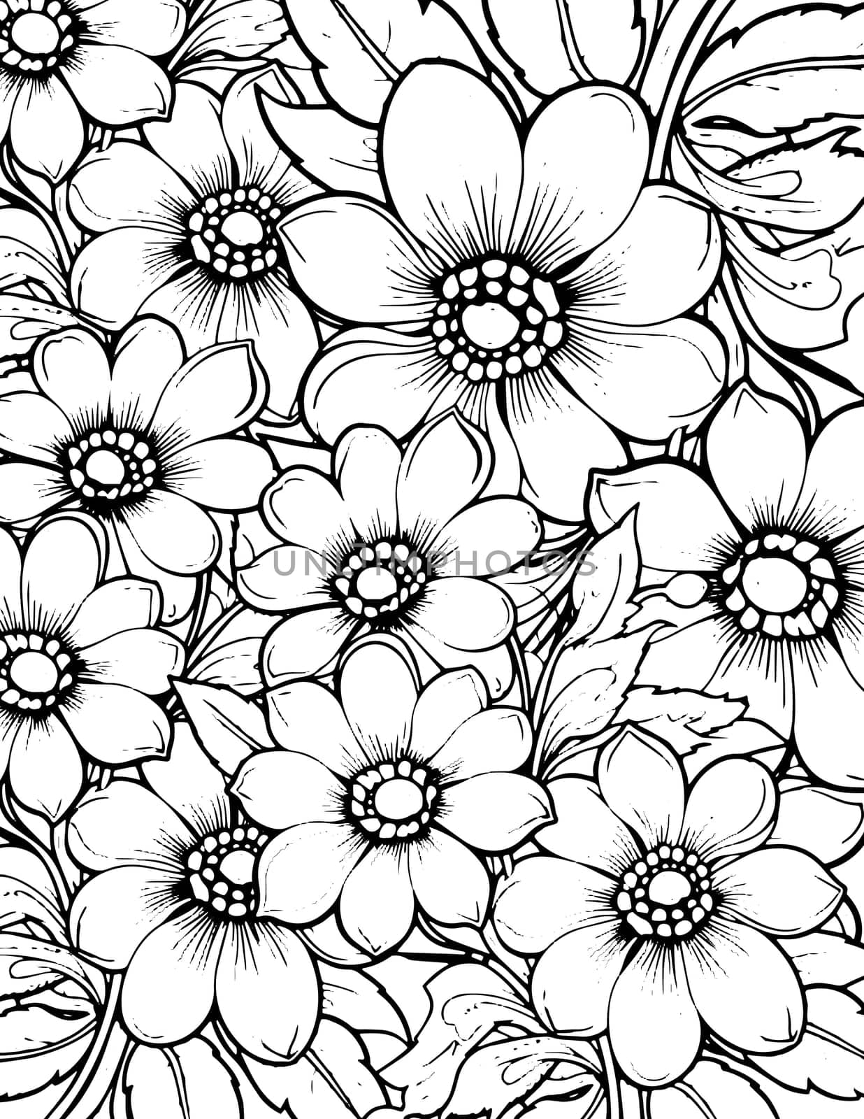 Flowers coloring spring and summer doodle ornament. Doodle coloring art with flowers and leaves black and white outline. Zentangle pattern for coloring book pages for adults and kids.