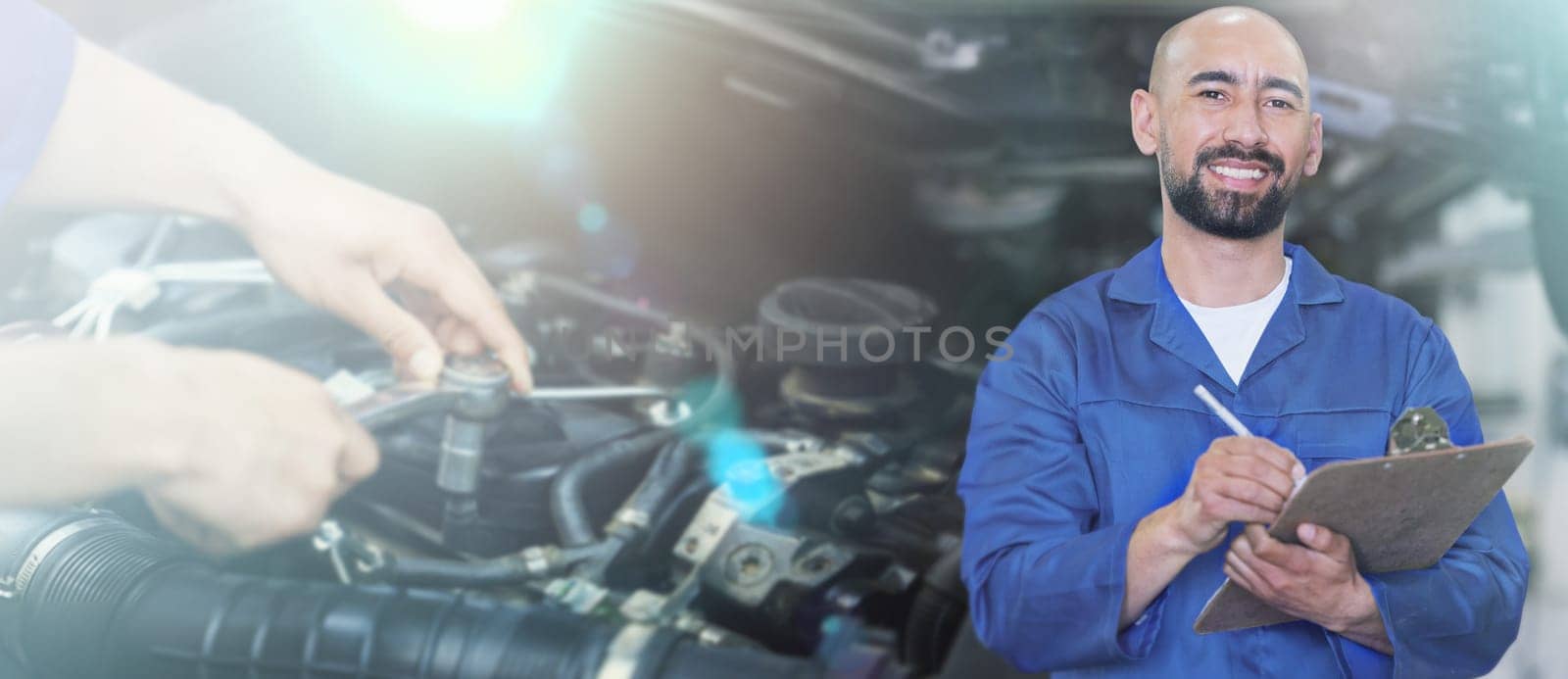 Banner, engine and portrait of a mechanic with notes for auto service, car building and maintenance. Happy, smile and engineer writing paperwork for transportation repairs at a garage workshop.