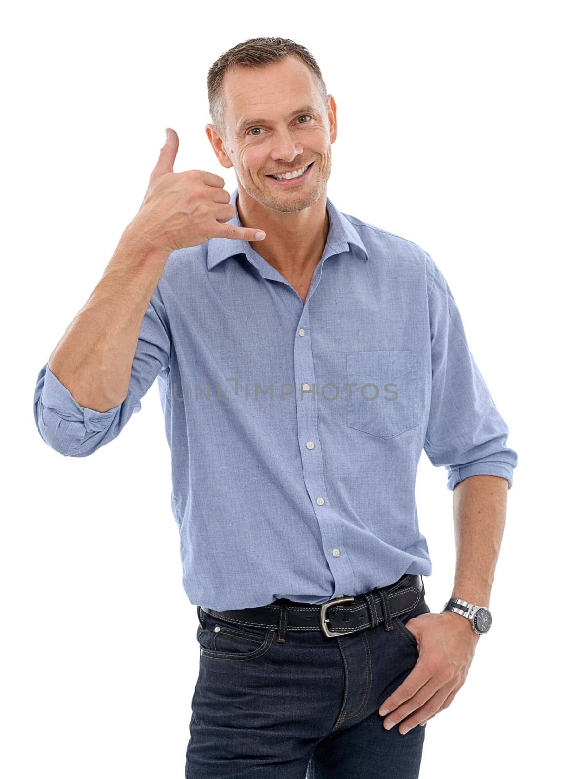 Portrait, call me hands and business man in studio isolated on a white background. Boss, ceo and happy male entrepreneur with cool hand gesture for shaka sign, symbol or emoji for communication. by YuriArcurs