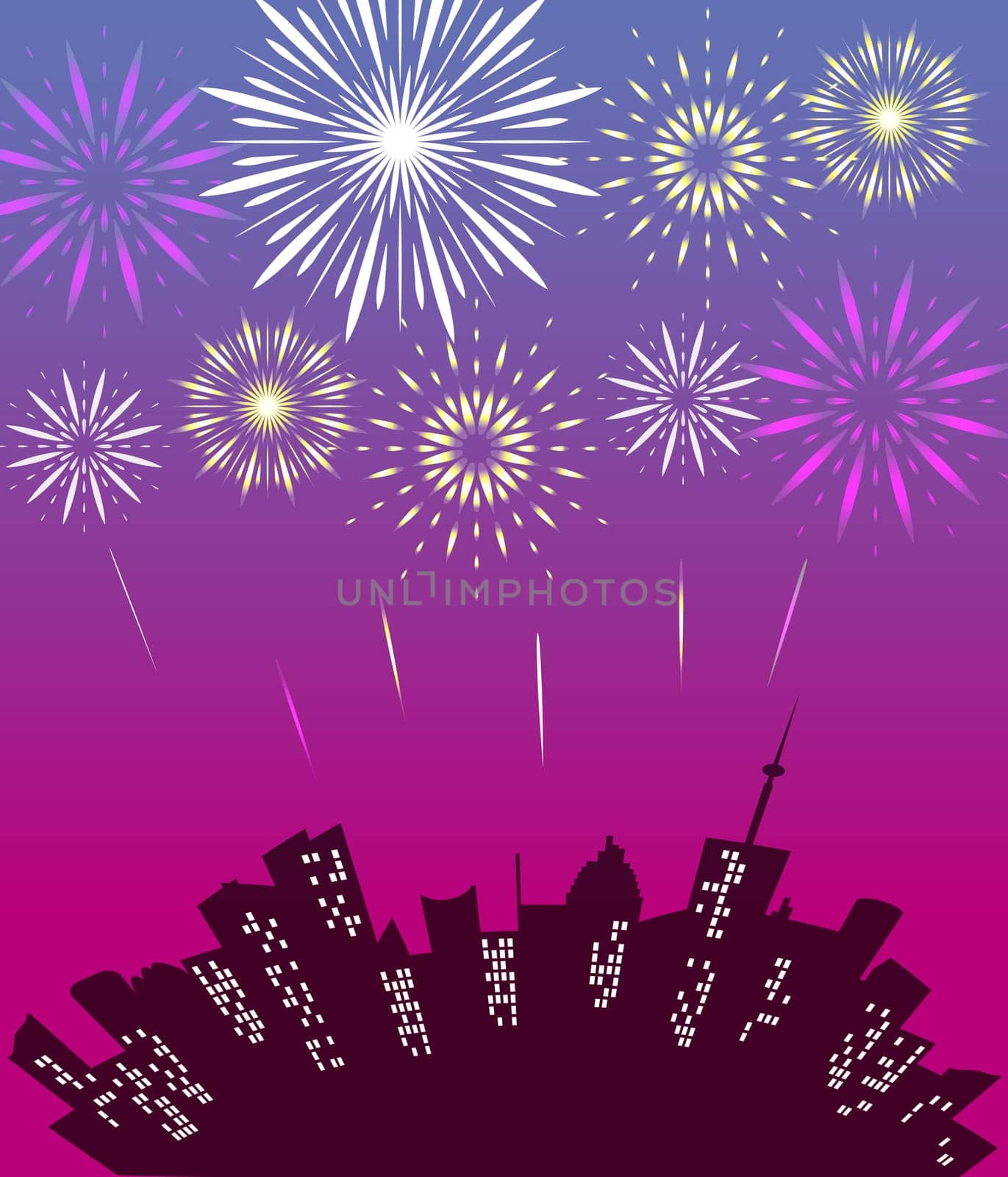 City skyline with festive fireworks. Glowing light over the city. Jpeg holiday cityscape background by Fyuriy