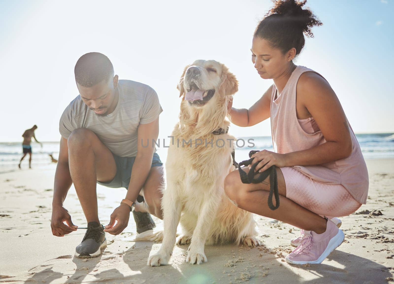 Fitness, couple and dog at beach, exercise and running on sand, ocean and summer workout, sports and healthy in sunshine. Strong man, woman and runner with labrador animal for cardio training at sea by YuriArcurs