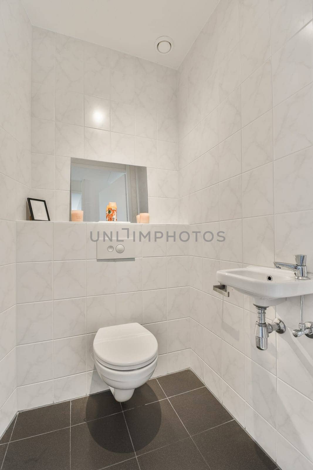 a white bathroom with black tile flooring and wall mounted mirror above the toilet bowl on the left is an image of a dog