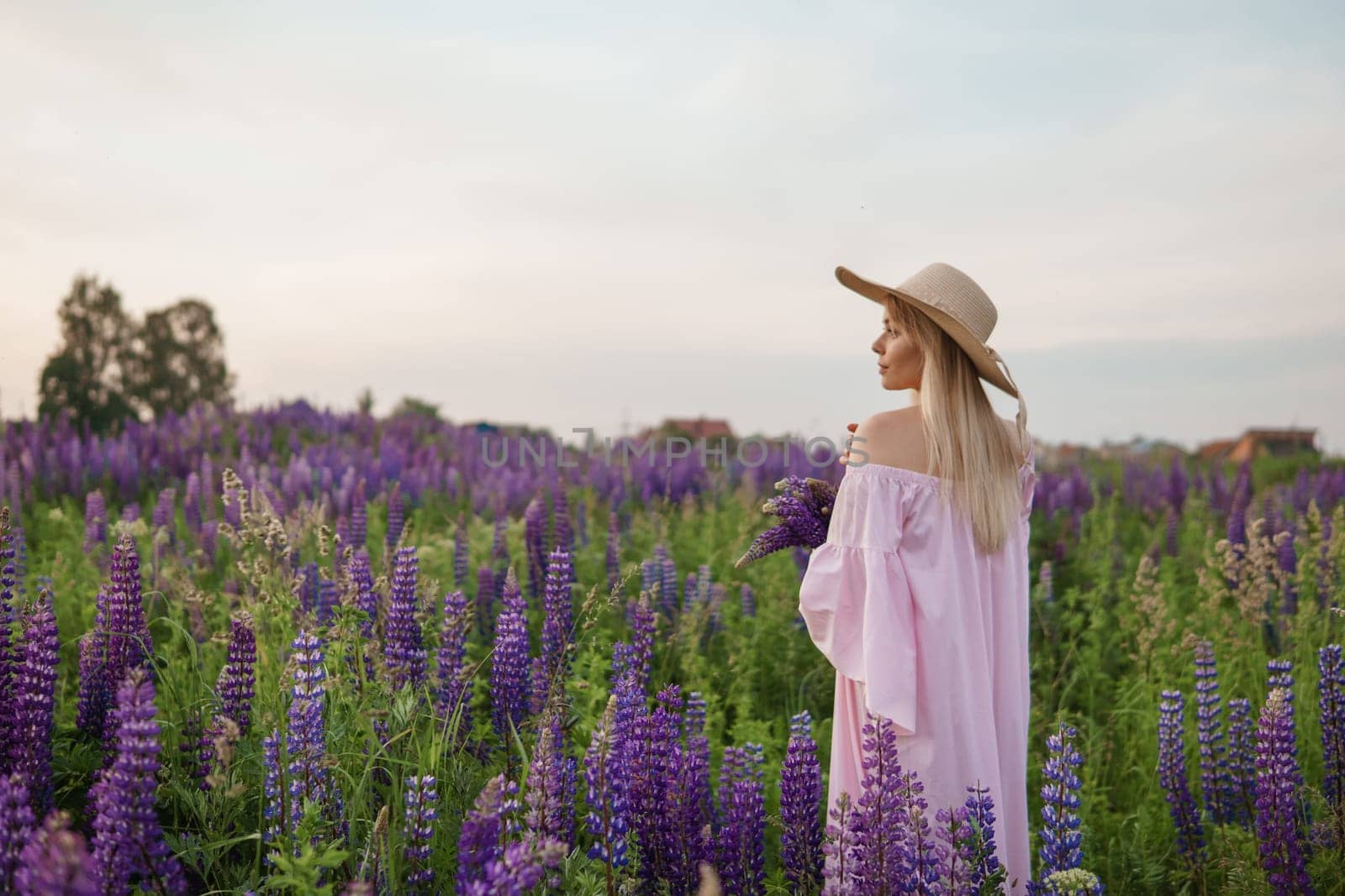 A beautiful woman in a straw hat walks in a field with purple flowers. A walk in nature in the lupin field.