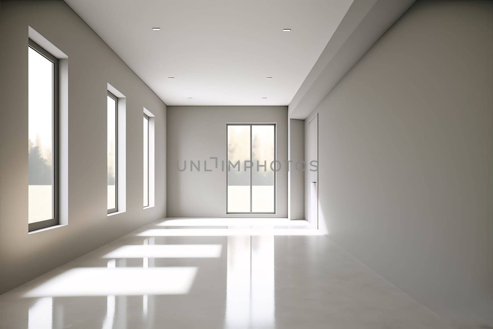 The modern interior of an empty white living room with large windows, large windows overlook nature, sunlight penetrates into the room. Ai generative