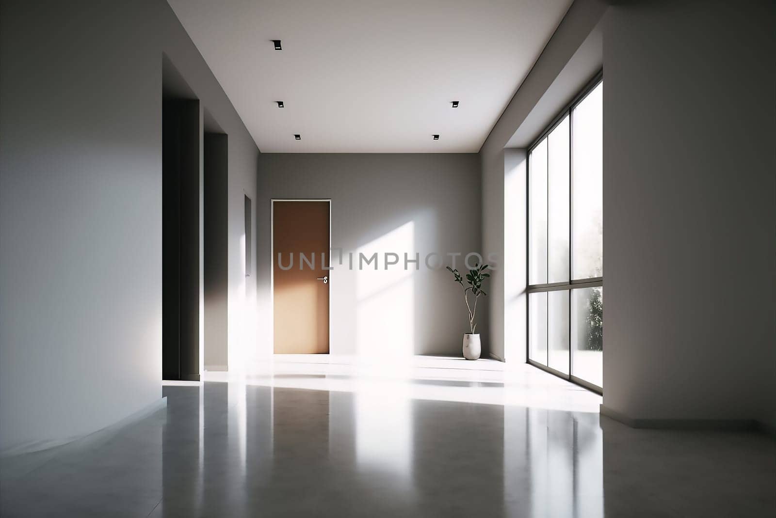 The modern interior of an empty light gray living room with large window, large windows overlook nature, sunlight penetrates into the room, brown door and pot with plant . Ai generative