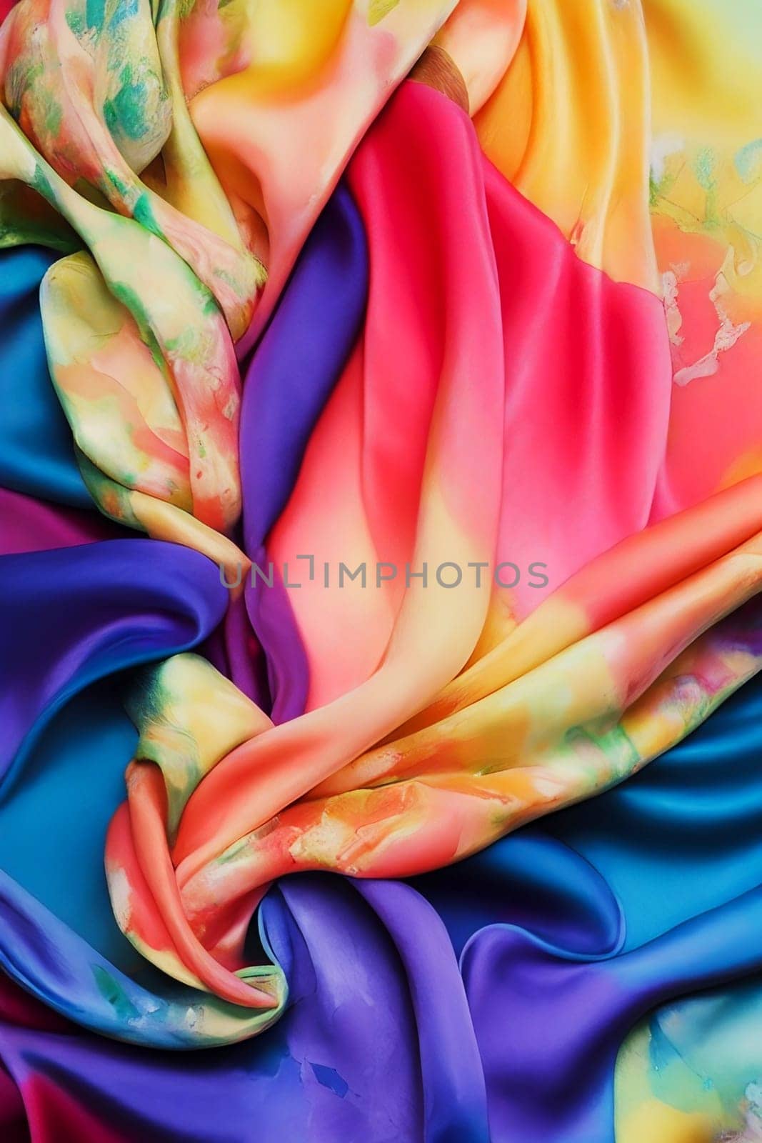 Multicolored Silk Texture Background with Wavy Satin Folds. Generative AI by LanaLeta