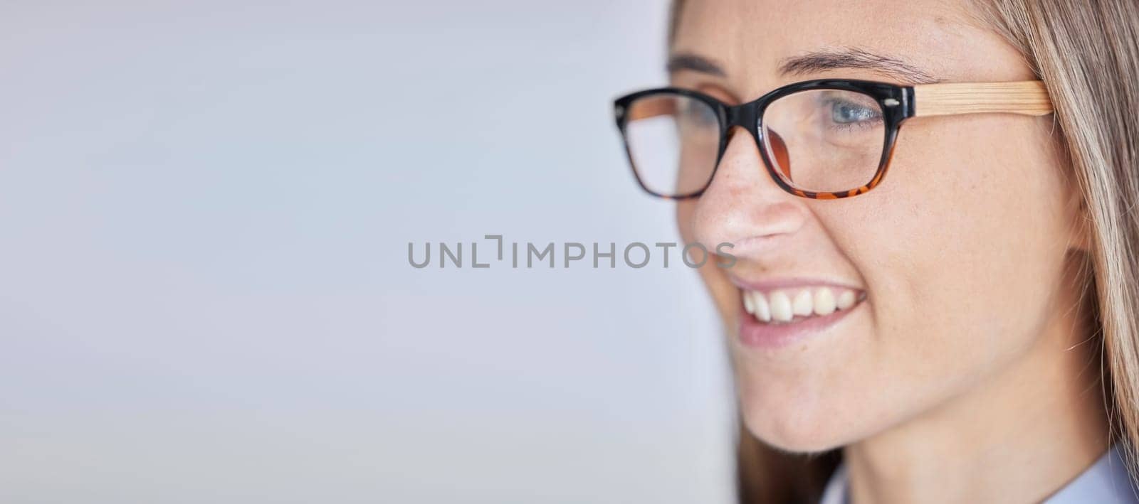 Mockup, business and woman with glasses, vision and advertising against a grey studio background. Female employee, lady and manager with eyewear, happiness and confidence with clear sight and smile by YuriArcurs