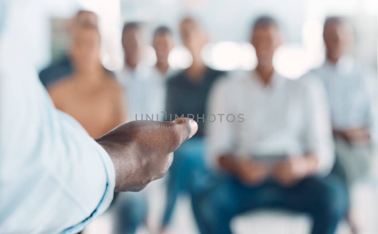 Conference speaker hands, communication and presentation workshop, coaching seminar of audience training, leadership and discussion. Businessman presenter, trade show and speech to convention crowd.
