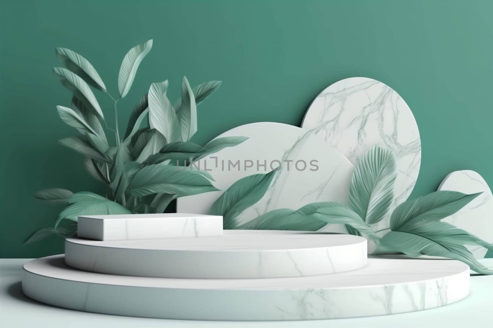 3d creative branch color design marble show podium mock cosmetic nature stage up platform composition background light space green presentation leaf. Generative AI.