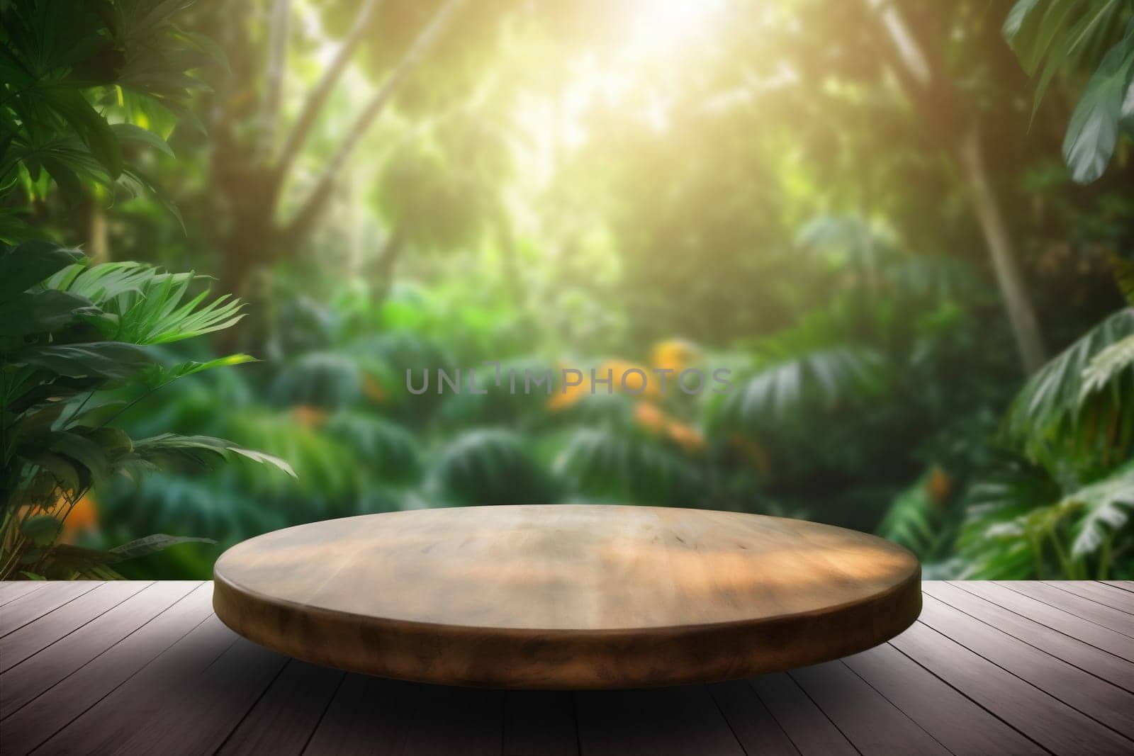 up wooden podium design space mockup shape nature beauty idea display palm mock platform leaf empty modern green color 3d presentation. Generative AI.