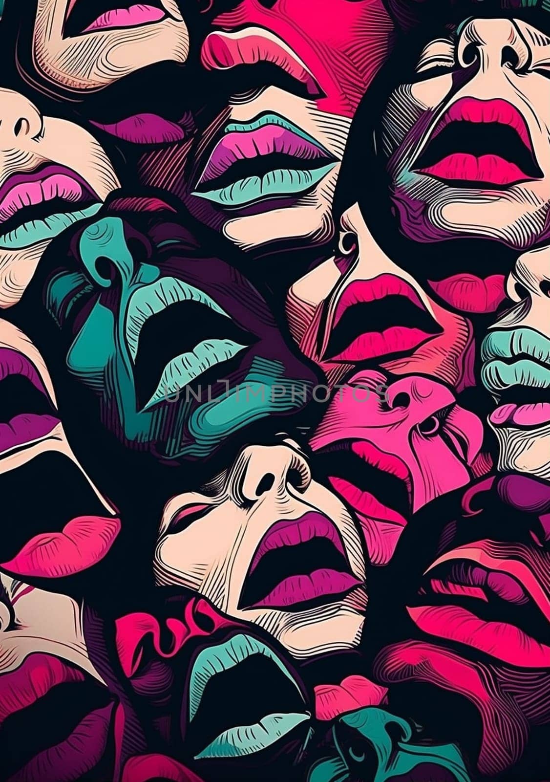 lipstick woman crazy pattern poster lips design teeth female valentine punk grunge illustration make-up kiss style collage mouth abstract art. Generative AI.