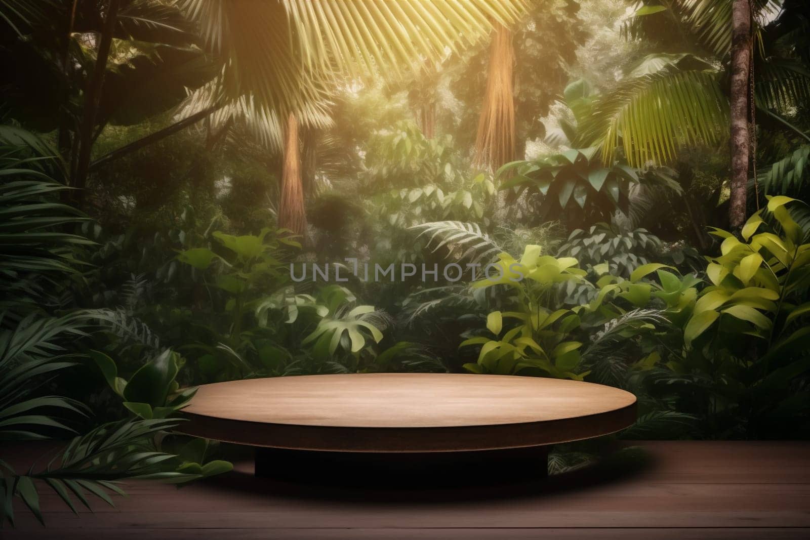 platform palm leaf fresh presentation space floor white mock wooden color tree creative green idea template podium 3d stand design up. Generative AI.