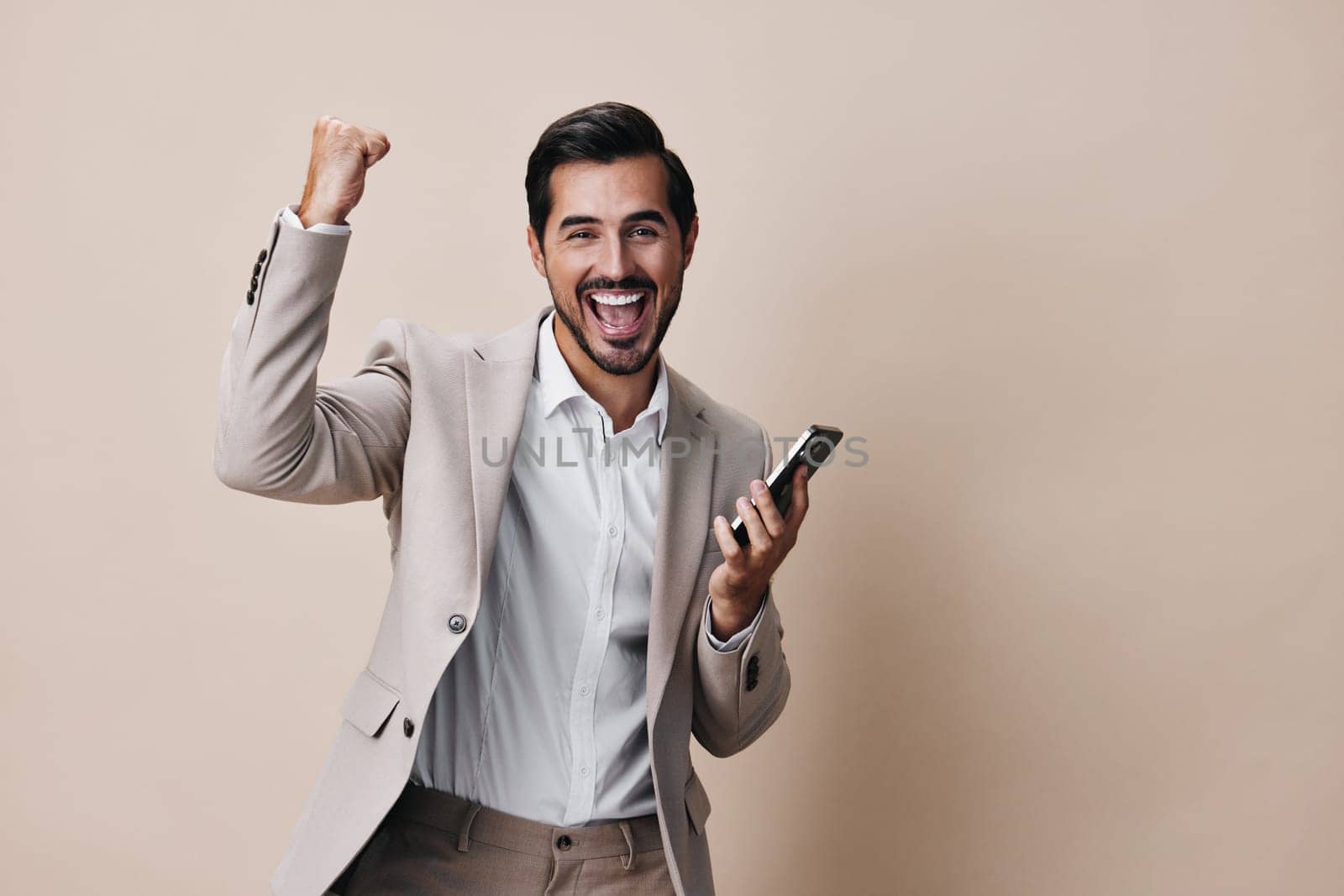 man smile happy phone portrait business smartphone hold call suit handsome by SHOTPRIME