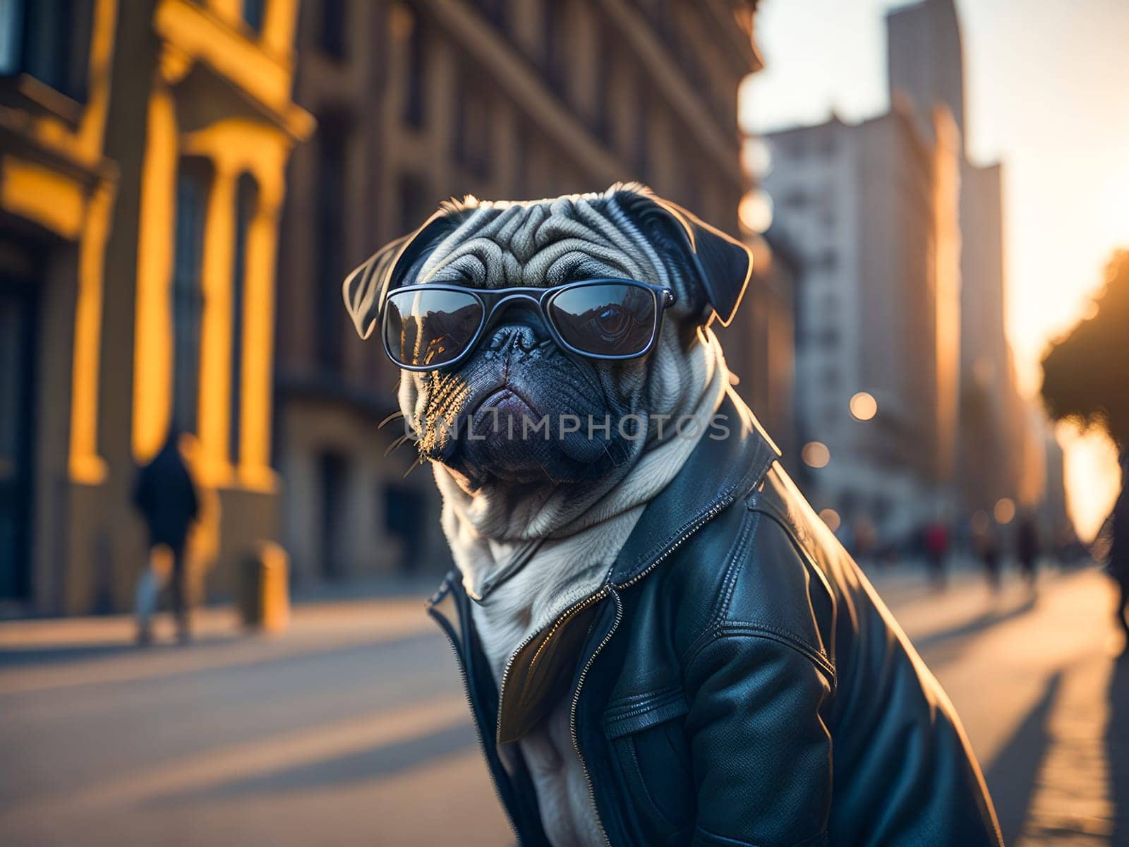 Cute dog pug breed wearing leather jacket and sunglasses city on background. Dog vacation relax concept. Generative Ai. by JuliaDorian