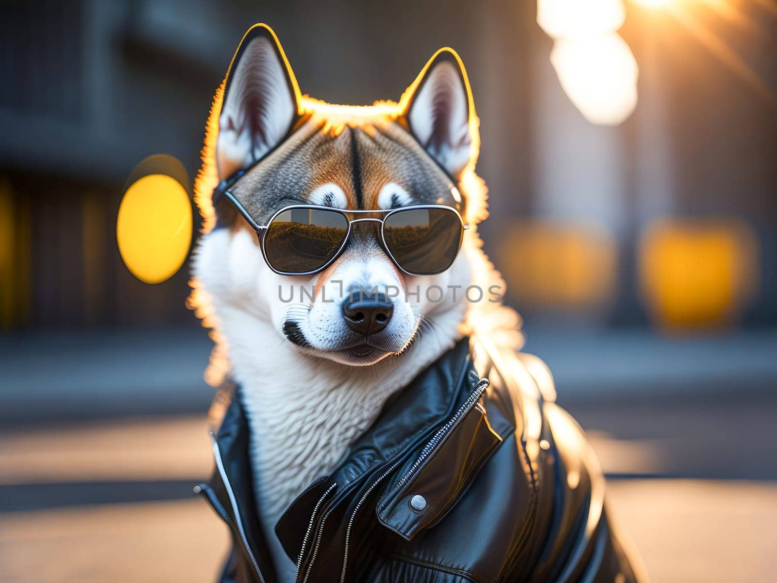 Cute dog husky breed wearing leather jacket and sunglasses city on background. Dog vacation relax concept. Generative Ai. by JuliaDorian