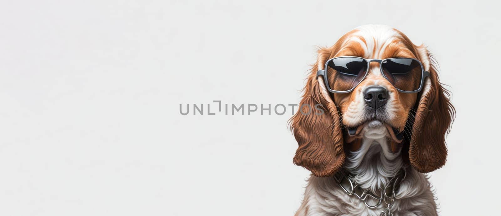 Banner of cute happy cocker spaniel puppy wearing sunglasses on white background. Space for text. Copy space. Generative Ai