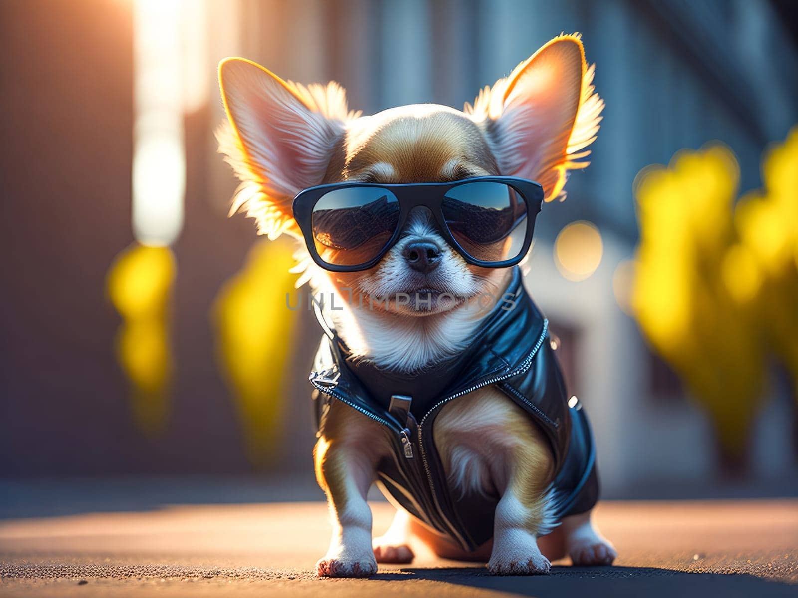 Cute dog chihuahua breed wearing leather jacket and sunglasses city on background. Dog vacation relax concept. Generative Ai. by JuliaDorian