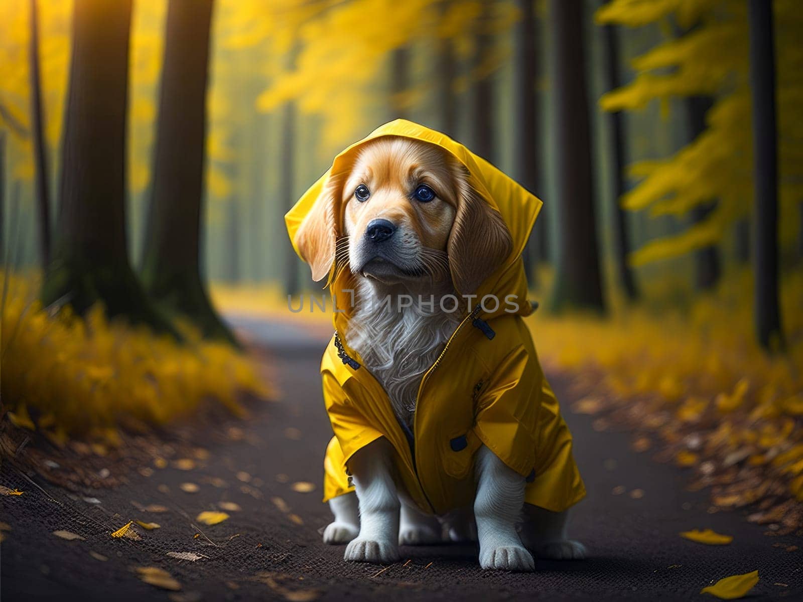 Cute dog golden retriever wearing yellow rain jacket hiking in the forest. Dog vacation relax concept. Generative Ai. by JuliaDorian